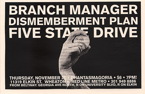 Wide landscape-oriented black and white flier with band names in white heavy-weight neo-grotesque typeface about a photograph of a hand throwing a baseball.