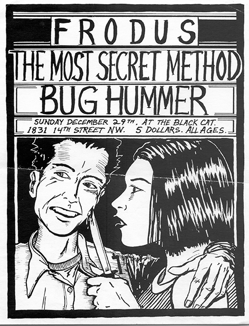 Hand-drawn and lettered black and white flier with a large illustration of a woman with bob cut holding a switchblade to the cheek of a man with short hair.