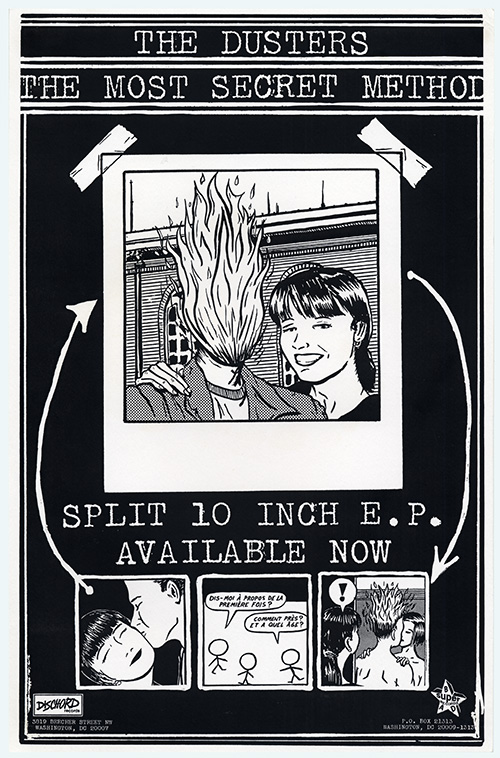 A black and white flier with a large illustration of a polaroud of a young woman with her arm around a humanoid figure with their head engulfed in flames.