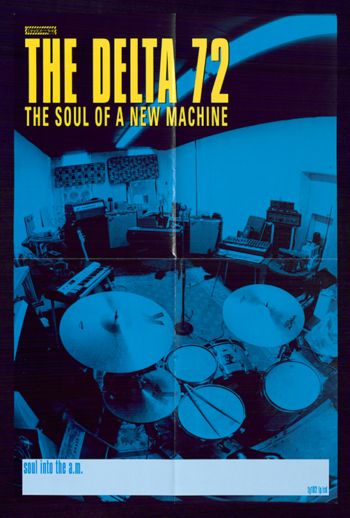 A poster with a black and white fisheye-lens photo of a drumset and other instruments in a recording studio, the photo is processed to be mostly blue and black and there is bold elongated yellow text.