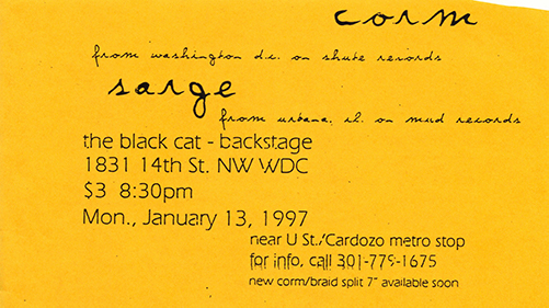 Small hand-cut half sheet all-text yellow-gold flier with band names in handwritten script and show information in a monospaced bitmap font.