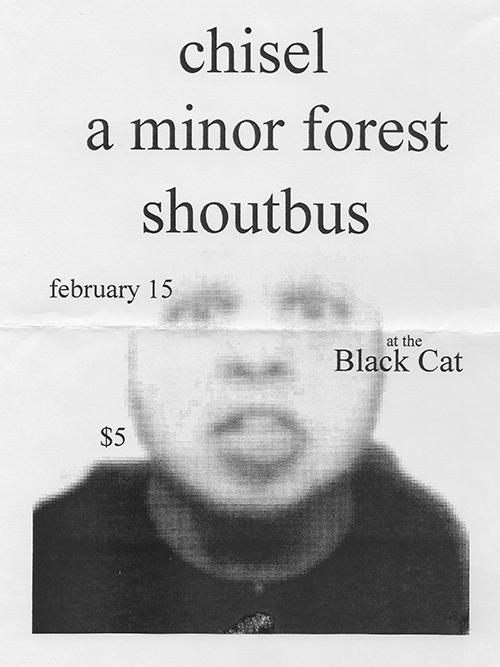 White flier with band names in large serif font above a pixelated image of a person with tongue sticking out.