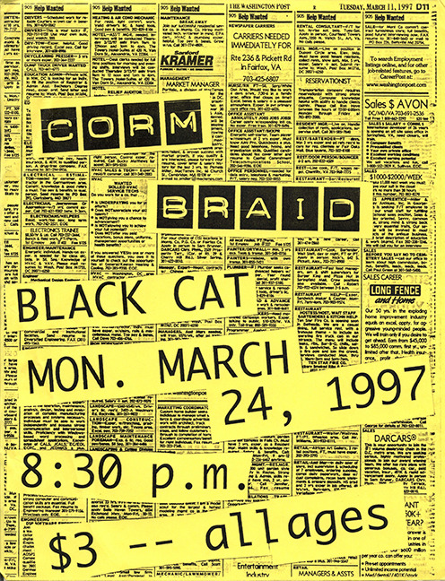 Yellow and black flier with band names in large label-maker like slab font over newspaper classified ads.