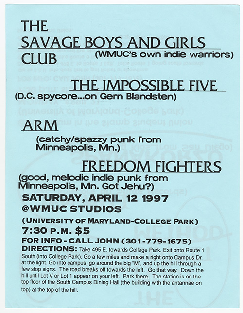 All=text  pale blue flier with band names in capped serif font and genre description in lowercase sans-serif black text.