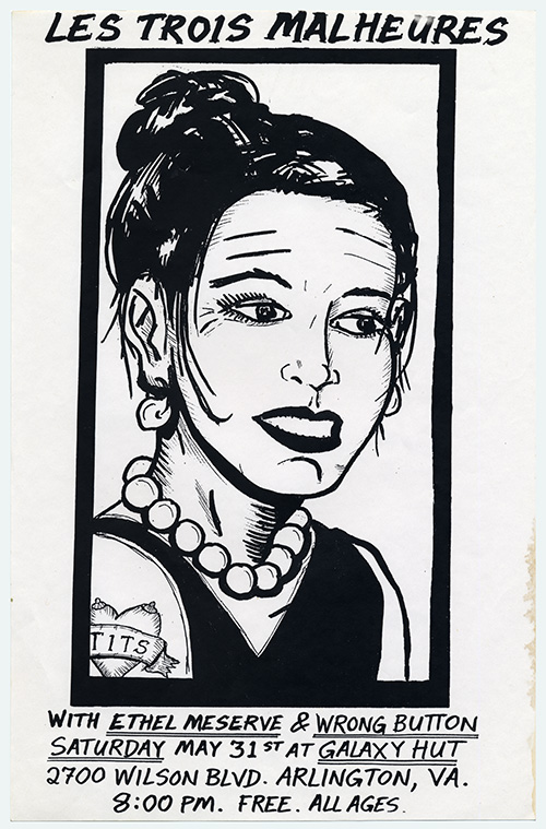 Black and white hand-drawn flier with a woman wearing a black dress and pearls with a prominent tattoo on her arm bearing her teeth.