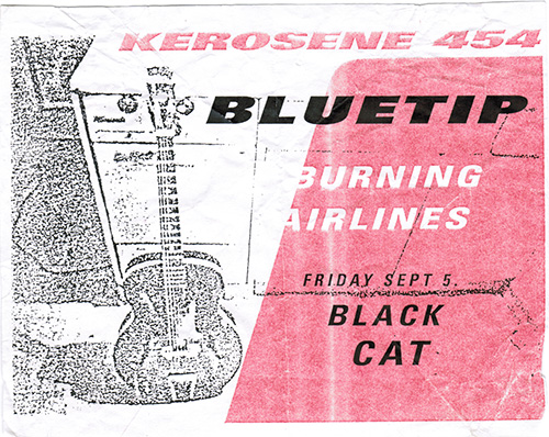 A small flier with a black and white photograph of a hollow-body guitar leaned against an amp and a large red trapezoid with oblique text overlaid on both.