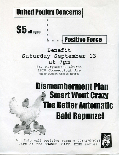 Black and white flier with a dotted line connecting 'United Poultry Concerns' and 'Positive Force' along with a small photograph of a rooster surrounded by chicks.