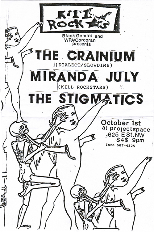 Black and white flier headed with the Kill Rockstars record label logo and with band names in bold sans serif font surrounded by a woodcut-style illustration of cherubs pointing updward behind a skeleton playing a serpent.