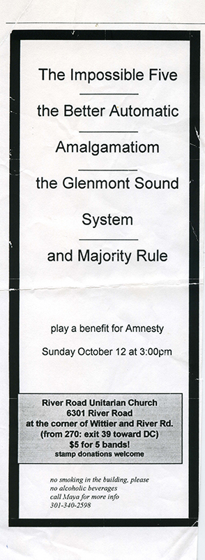 Long, narrow, all-text flier with band names and venue information in plain, black sans-serif font on a white background.