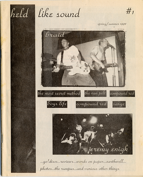 Newsprint zine cover with cursive script text in black ink with two black and white photographs, one of Todd Bell and Chris Broach playing bass and guitar and another more abstract photo of musicians performing onstage.