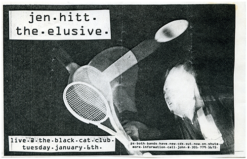 Landscape-oriented black and white flier with text in black a monospaced bitmap font in white rectangles over a dark multiple-exposure photo print of a person hitting a ball with a tennis racket.