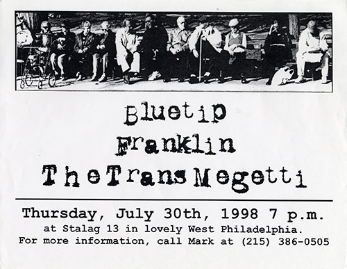 A landscape-oriented black and white poster with a panorama photo of elderly people seated talking on a park bench above band names in a ragged letterpress typeface.