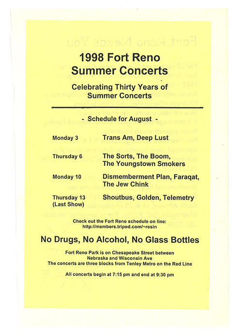 All-text flier with bold black text on yellow paper with shows listed and the phrase 'No Drugs, No Alcohol, No Glass Bottles' in large print at the bottom.