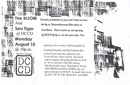 Black and white landscape-oriented flier with show information in small, serif font surrounded by multiple layered exposures of a photograph of the letters 'DCCD.'