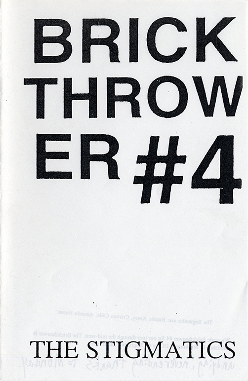 Black and white all-text zine cover with 'BRICKTHROWER #4' in very large bold black text on a plain white background.